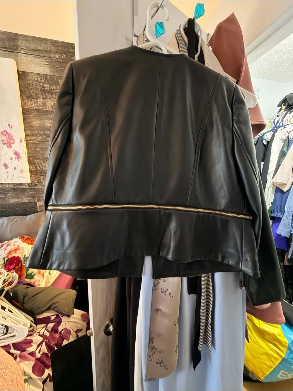 Faux Leather Black Bomber Jacket with Gold Zipper - Picture 5 of 6